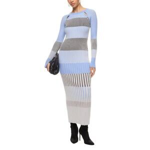 Hugo Boss Blue Striped Ribbed Knit Midi Dress XS Curvy Long Sleeve Designer $348